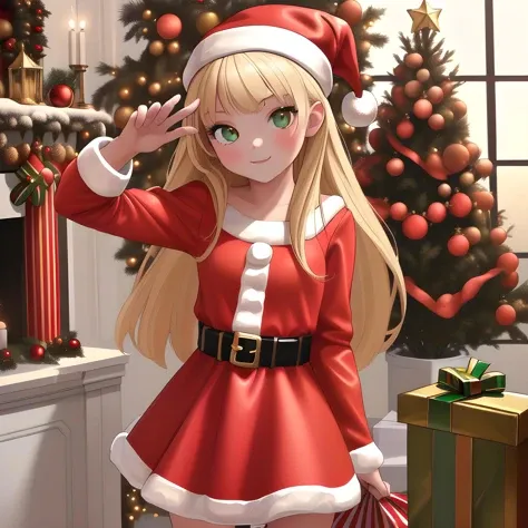 (masterpiece:1.3), (highly detailed:1.3), (highres:1.1), best quality, Ultra-detail, 1girl, santa costume, santa dress, santa hat, solo, christmas tree