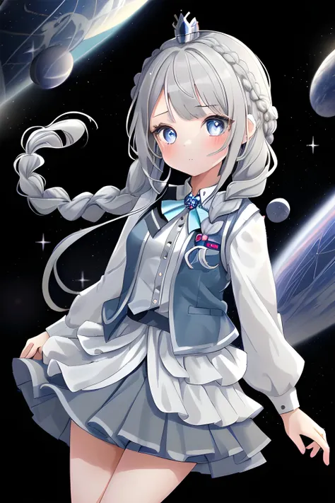 1girl, solo, panorama, space, gray hair, long hair, crown braid, french braid, gradient eyes, shortstack, (blue vest, layered skirt)