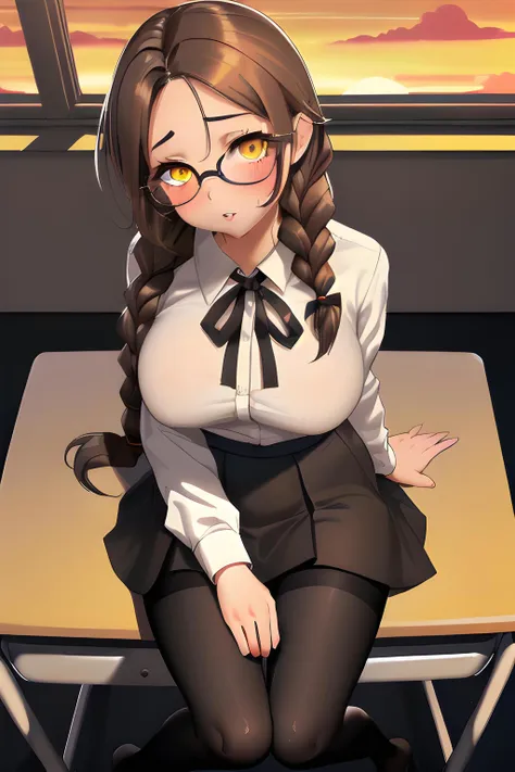 (masterpiece, best quality), solo, mature female, brown hair, low-braided long hair, wavy hair, yellow eyes, parted bangs, sidelocks, large sagging breasts, long eyelashes, black-framed round eyewear, teacher, classroom, sunset, orange sky, sitting, on desk, from above, white collared shirt, black neck ribbon, black high-waist skirt, naughty face, parted lips, looking at viewer, sexually suggestive, black pantyhose, portrait