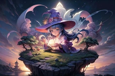 ethereal fantasy concept art of (masterpiece,8k, super high res,highly detailed:1.8), (fantastic artistic depiction of several witches:1.6),
beautiful,cute,
(beautiful nature scene, mystical serene athmosphere:1.5),(practicing magic,companionship,playful,heartwarming:1.5),
beautiful excited genki (sakurabaaoi) (diving:1.3) in lake with magical purple lotus flowers, (blue_kimono:1.2),
(blue hair:1.3),
<lora:Sakuraba_Aoi:0.3> ,
<lora:EdobFairyTaleLandscape_v1.0:0.2>, (EdobFairyTaleLandscape:0.6) ,<lora:add_detail:1.3>,, magnificent, celestial, ethereal, painterly, epic, majestic, magical, fantasy art, cover art, dreamy