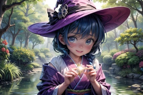 (masterpiece,8k, super high res,highly detailed:1.8),  (AS-Adult:1.5),(fantastic artistic depiction of adult 30 years old witch:1.6),
beautiful,cute,solo,
(nature scene, mystical serene athmosphere:1.5),(practicing magic:1.5),
cute beautiful excited genki (sakurabaaoi:1.3) (diving:1.3) in lake with magical purple lotus flowers, (blue_kimono:1.2),
(blue hair:1.3),
<lora:Sakuraba_Aoi:0.6> ,
<lora:EdobFairyTaleLandscape_v1.0:0.3>, (EdobFairyTaleLandscape:0.6) ,<lora:add_detail:1.2>,