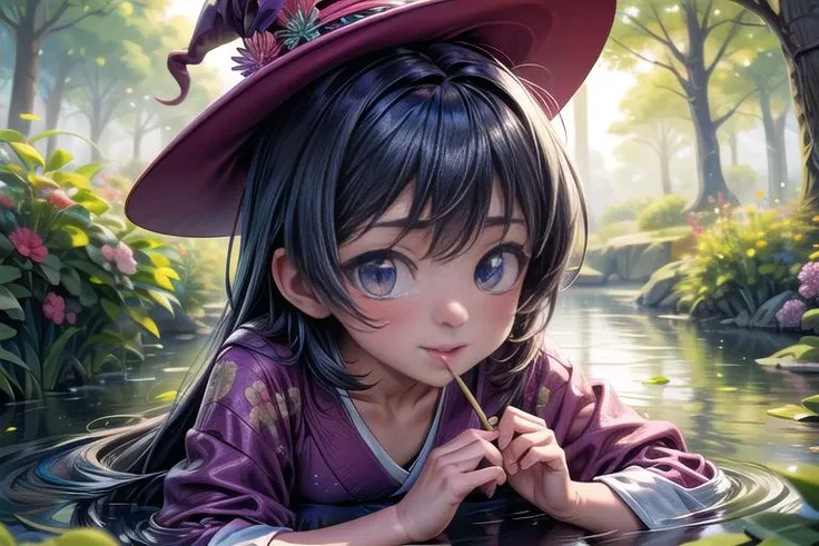 (masterpiece,8k, super high res,highly detailed:1.8),  (AS-Adult:1.5),(fantastic artistic depiction of old witch:1.3),(sfw:1.6),
beautiful,cute,solo,
(nature scene, mystical serene athmosphere:1.3),
cute beautiful excited genki (sakurabaaoi:1.3) (diving:1.3) in lake with magical purple lotus flowers, (blue_kimono:1.2),
(blue hair:1.3),
<lora:Sakuraba_Aoi:0.6> 
<lora:EdobFairyTaleLandscape_v1.0:0.3>, (EdobFairyTaleLandscape:0.6) ,<lora:add_detail:1.2>,