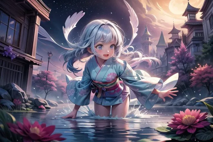 ethereal fantasy concept art of  (masterpiece,8k, super high res,highly detailed:1.8), (fantastic artistic depiction of water spirit:1.3),
beautiful,cute,solo,
(nature scene, mystical serene athmosphere:1.3),
cute beautiful excited genki (sakurabaaoi:1.7) (diving:1.3) in lake with magical purple lotus flowers, (blue_kimono:1.2),
(blue hair:1.3),
<lora:Sakuraba_Aoi:0.7> ,
<lora:EdobFairyTaleLandscape_v1.0:0.3>, (EdobFairyTaleLandscape:0.6) ,<lora:add_detail:1.2>, magnificent, celestial, ethereal, painterly, epic, majestic, magical, fantasy art, cover art, dreamy