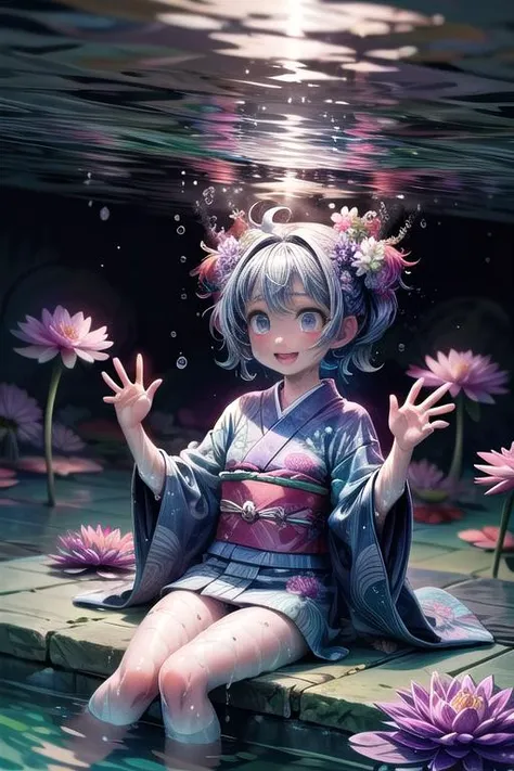 masterpiece,8k, super high res, fantastic artistic depiction,  beautiful,cute,highly detailed,(psychedelic,colorful,surreal:1.35),
cute excited genki sakurabaaoi (hands submerged in water:1.5) sitting in lake surrounded by magical purple lotus flowers, blue_kimono with red ribbon,
<lora:Sakuraba_Aoi:0.6> ,
<lora:EdobFairyTaleLandscape_v1.0:0.2>, (EdobFairyTaleLandscape:0.4), <lora:add_detail:1.6>