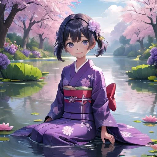 masterpiece, fantastic artistic depiction, fairy tale, beautiful,cute,highly detailed,
sakurabaaoi sitting in lake surrounded by magical purple lotus flowers, blue_kimono with red ribbon,
<lora:Sakuraba_Aoi:0.6> ,
<lora:EdobFairyTaleLandscape_v1.0:0.2>, (EdobFairyTaleLandscape:0.4)