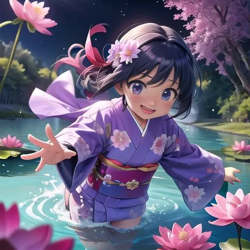 masterpiece,8k, super high res, fantastic artistic depiction,  beautiful,cute,highly detailed,
cute excited genki sakurabaaoi diving in lake surrounded by magical purple lotus flowers, blue_kimono with red ribbon,
<lora:Sakuraba_Aoi:0.6> ,
<lora:EdobFairyTaleLandscape_v1.0:0.2>, (EdobFairyTaleLandscape:0.4)