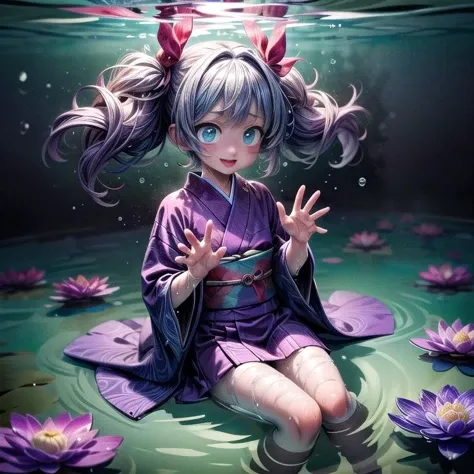 masterpiece,8k, super high res, fantastic artistic depiction,  beautiful,cute,highly detailed,(psychedelic,colorful,surreal:1.35),
cute excited genki sakurabaaoi (hands submerged in water:1.5) sitting in lake surrounded by magical purple lotus flowers, blue_kimono with red ribbon,
<lora:Sakuraba_Aoi:0.6> ,
<lora:EdobFairyTaleLandscape_v1.0:0.2>, (EdobFairyTaleLandscape:0.4), <lora:add_detail:1.6>