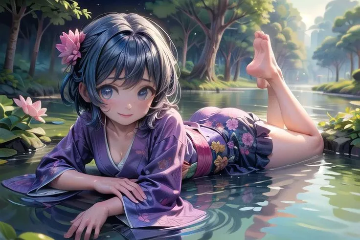 (masterpiece,8k, super high res,highly detailed:1.8), (fantastic artistic depiction:1.3),
beautiful,cute,solo,
(nature scene, mystical athmosphere:1.4),
cute beautiful excited genki (sakurabaaoi:1.2) (diving:1.3) in lake with magical purple lotus flowers, (blue_kimono:1.2),
blue hair,lying on stomach,
<lora:Sakuraba_Aoi:0.5> ,
<lora:EdobFairyTaleLandscape_v1.0:0.3>, (EdobFairyTaleLandscape:0.6) ,<lora:add_detail:1.2>