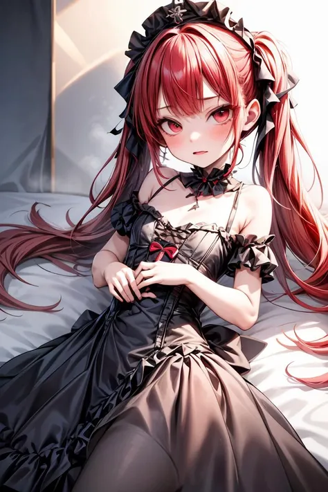 (masterpiece, best quality), 1girl, red hair, medium chest, gothic frill dress, pervert face, <lora:add_detail:1>