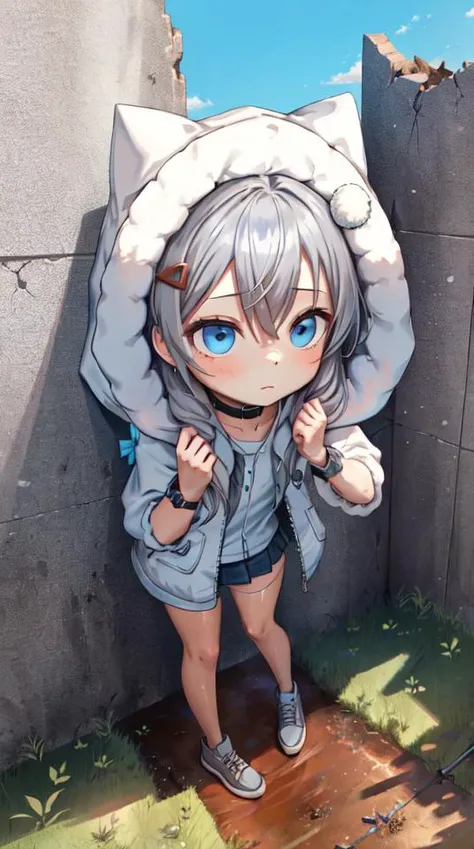 <lora:NKN102C4-000005:0.6>, NKN102C, 1girl, flat chest, shiny skin, butterfly hair ornament, collar_one_piece, jacket, thigh strap, choker, watch, bracelet, shoes, hood up, outdoors, day, ruins, metal, structure, beams, supports, debris, dirt, sand, dried grass, patchy vegetation, open sky, sunlight, shadows, exposed rebar, rusted metal, warped panels, scrap metal, blown-out walls, remnants of machines, cracks, fissures, scraps, wear and tear, dry cracked earth, pieces, remnants, remnants of a building, half collapsed, dried up, bleak, desolate, abandoned, middle of nowhere, <lora:ShinyOiledSkin_v20-LoRA:0.35>, masterpiece, best quality, official art, extremely detailed CG unity 8k wallpaper, artbook, yuzu-soft, kobuichi, muririn,