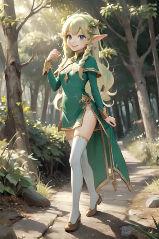 masterpiece, best quality, elf girl walks through the forest, elf ears, full body, smile,