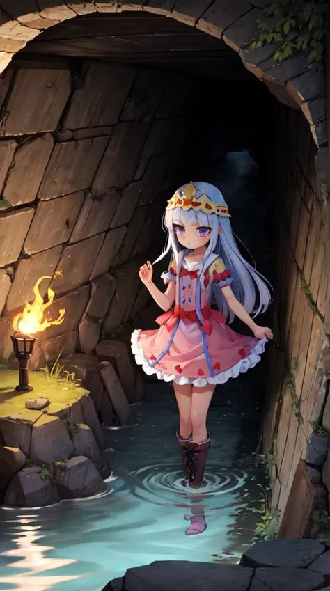 <lora:aurora-01:1>, aurora, 1girl, flat chest, shiny skin, princess dress, underground, mine, cave, tunnel, torch, headlamp, rocky walls, support beams, mining cart, old tools, danger sign, flooded underground passage, collapsed tunnel, damp ground, muddy, dark, mining helmet, lone explorer, flashlight, underground lake, masterpiece, best quality, official art, extremely detailed CG unity 8k wallpaper, artbook, yuzu-soft, kobuichi, muririn,