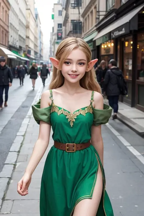 masterpiece, best quality, elf girl walk on city street, green dress, smile, elf ears, 