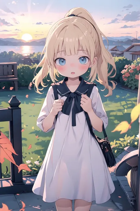 masterpiece, best quality, ((sunset)), autumn, outdoors, 1girl, petite, happy, :O, blushed, looking at viewer, white nightdress, black hair, blue eyes, ponytail, wavy hair,