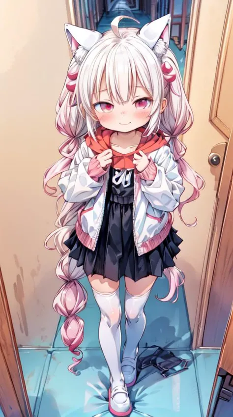 1girl, flat chest, shiny skin, short hair, white hair, ahoge, messy hair, payot, twintails, short twintails, animal ears, animal ear fluff, bat ears, bangs, hair between eyes, bat hair ornament, seductive smile, empty eyes, red eyes, glowing eyes, black dress, short dress, pleated skirt, hooded jacket, white jacket, open jacket, open clothes, white hood, hood down, long sleeves, wide sleeves, sleeves past wrists, sleeves past fingers, white thighhighs, zettai ryouiki, boots, white footwear, indoors, architecture, building, corridor, hallway, entrance, doorway, temple, brick, java, indonesia, candi, semarang, lawang sewu, architecture, east asian architecture, masterpiece, best quality, official art, extremely detailed CG unity 8k wallpaper, artbook, yuzu-soft, kobuichi, muririn,