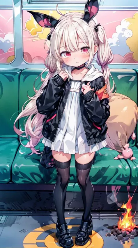 1girl, flat chest, shiny skin, short hair, black hair, ahoge, messy hair, payot, twintails, short twintails, animal ears, animal ear fluff, bat ears, bangs, hair between eyes, bat hair ornament, expressionless, empty eyes, red eyes, glowing eyes, white dress, short dress, pleated skirt, hooded jacket, black jacket, open jacket, open clothes, black hood, hood down, long sleeves, wide sleeves, sleeves past wrists, sleeves past fingers, black thighhighs, zettai ryouiki, boots, black footwear, indoors, subway car, train, metal, seats, smoke, fire, flames, emergency, hazard, crisis, escape, evacuation, panic, danger, distress, masterpiece, best quality, official art, extremely detailed CG unity 8k wallpaper, artbook, yuzu-soft, kobuichi, muririn,