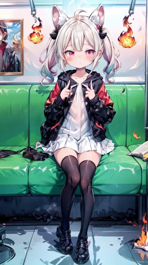1girl, flat chest, shiny skin, short hair, black hair, ahoge, messy hair, payot, twintails, short twintails, animal ears, animal ear fluff, bat ears, bangs, hair between eyes, bat hair ornament, expressionless, empty eyes, red eyes, glowing eyes, white dress, short dress, pleated skirt, hooded jacket, black jacket, open jacket, open clothes, black hood, hood down, long sleeves, wide sleeves, sleeves past wrists, sleeves past fingers, black thighhighs, zettai ryouiki, boots, black footwear, indoors, subway car, train, metal, seats, smoke, fire, flames, emergency, hazard, crisis, escape, evacuation, panic, danger, distress, masterpiece, best quality, official art, extremely detailed CG unity 8k wallpaper, artbook, yuzu-soft, kobuichi, muririn,
