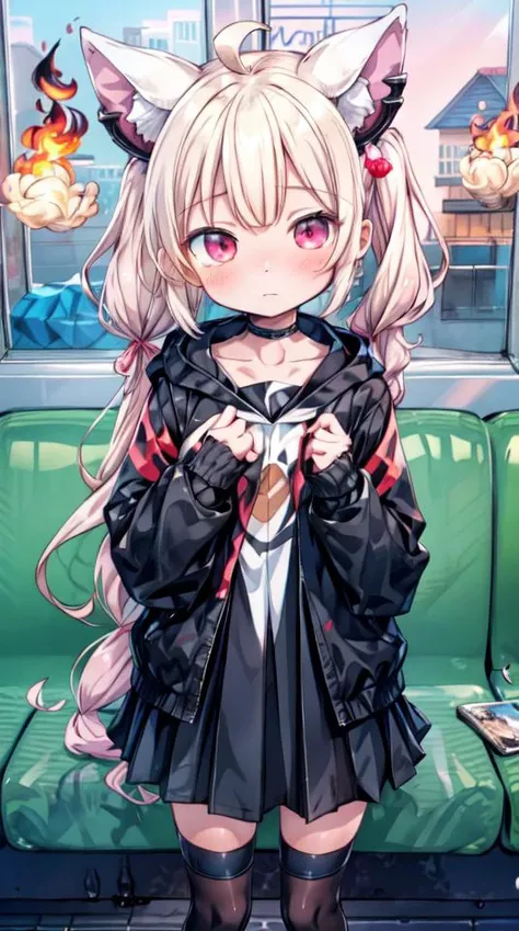 1girl, flat chest, shiny skin, short hair, black hair, ahoge, messy hair, payot, twintails, short twintails, animal ears, animal ear fluff, bat ears, bangs, hair between eyes, bat hair ornament, expressionless, empty eyes, red eyes, glowing eyes, white dress, short dress, pleated skirt, hooded jacket, black jacket, open jacket, open clothes, black hood, hood down, long sleeves, wide sleeves, sleeves past wrists, sleeves past fingers, black thighhighs, zettai ryouiki, boots, black footwear, indoors, subway car, train, metal, seats, smoke, fire, flames, emergency, hazard, crisis, escape, evacuation, panic, danger, distress, masterpiece, best quality, official art, extremely detailed CG unity 8k wallpaper, artbook, yuzu-soft, kobuichi, muririn,