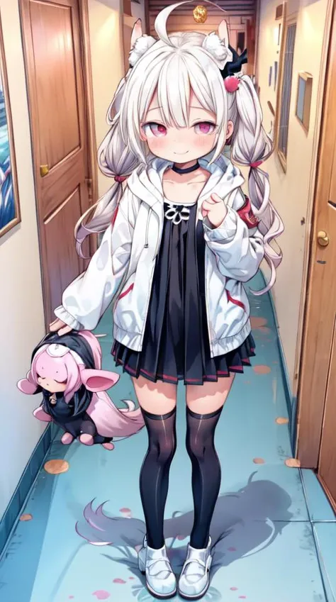 1girl, flat chest, shiny skin, short hair, white hair, ahoge, messy hair, payot, twintails, short twintails, animal ears, animal ear fluff, bat ears, bangs, hair between eyes, bat hair ornament, seductive smile, empty eyes, red eyes, glowing eyes, black dress, short dress, pleated skirt, hooded jacket, white jacket, open jacket, open clothes, white hood, hood down, long sleeves, wide sleeves, sleeves past wrists, sleeves past fingers, white thighhighs, zettai ryouiki, boots, white footwear, indoors, architecture, building, corridor, hallway, entrance, doorway, temple, brick, java, indonesia, candi, semarang, lawang sewu, architecture, east asian architecture, masterpiece, best quality, official art, extremely detailed CG unity 8k wallpaper, artbook, yuzu-soft, kobuichi, muririn,