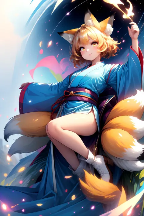 ((Masterpiece)), ((best quality)), (prefect composition), (prefect anatomy), high-res, illustration, complex detailed, absurdres, extremely beautiful, incredibly detailed hairline, uncreditable quality, 1girl, Chanta:2.3, kyuubi no kitsune, space travelling, solemn, looking at viewer, matured, toned, fox ears, white cap, multiple tails, fox tail, yellow short hair, smile, long kimono, blue tabard, dress, very long sleeves, white boots, (detailed face description), (detailed eyes description), seductive pose, outdoors, two thousand years of time nearly here and has gone, star moving, sweetest music filled the air, la la la la la la la la la, shrine wonderland, octane rendering, huge file size, colorful contrast.
<lora:kyuubi_no_kitsune-1.0:0.8> <lora:Chanta_LoRA-02:0.35> <lora:rainbow:0.35> <lora:more_details:0.35>