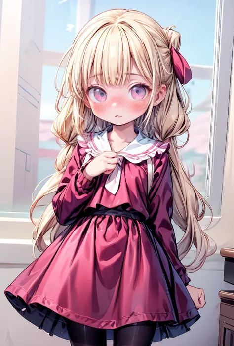 (masterpiece, best quality), 1girl, blonde hair, red dress, pantyhose, cute face, blush, <lora:add_detail:1>