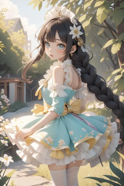 1girl, (stylized by John Collier:1.3) , scene art, 8k portrait, masterpiece, hyper detailed, close up of a Boundless Meandering strong Western (Female:1.3) Watchmaker, she is wearing alien wedding dress with an illusion neckline, otherwordly, on another planet, alien landscape, stars and nebula's, she is feeling very shocked, in a very Mosaic-Like Bright Neon Car coat and Atari 2600 Style zebra print A-line skirt and blouse, her hair is Art Deco and styled as Milkmaid braid, she has a Uptight Dwarven Rainbow Mechanical Body Parts, Liquid Blindfold, lush grass with Flora, at Golden hour, horizon-centered, Masterpiece, Zen, Steampunk Art, Motion blur, F/8, Albumen, stylized, attractive and exquisite, most charming in the world, realistic and detailed, RTX, Highres, neon-lit, tranquil