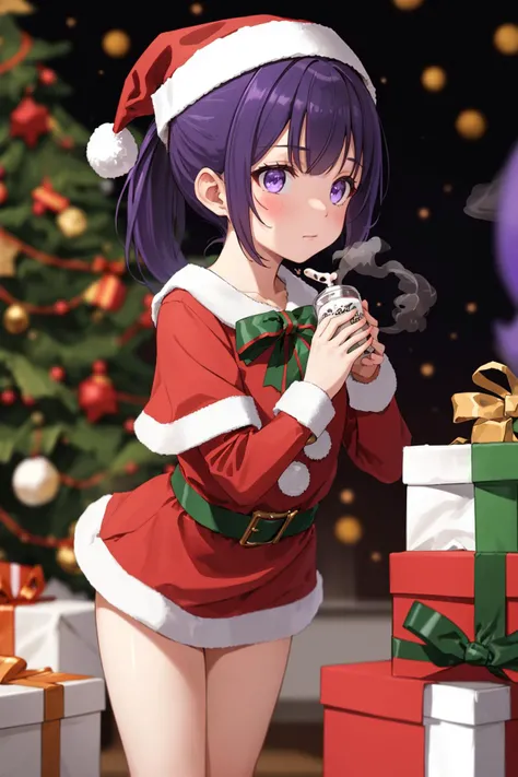 (depth of field:1.4),(full_shot:1.4),(blur:1.3),(dark:1.4),(very detailed:1.4),(high resolution:1.1), (Setting out milk and cookies, anticipation of Santa's visit.:1.3) BREAK
1girl,(Smoky Purple Textured Ponytail:1.3) BREAK