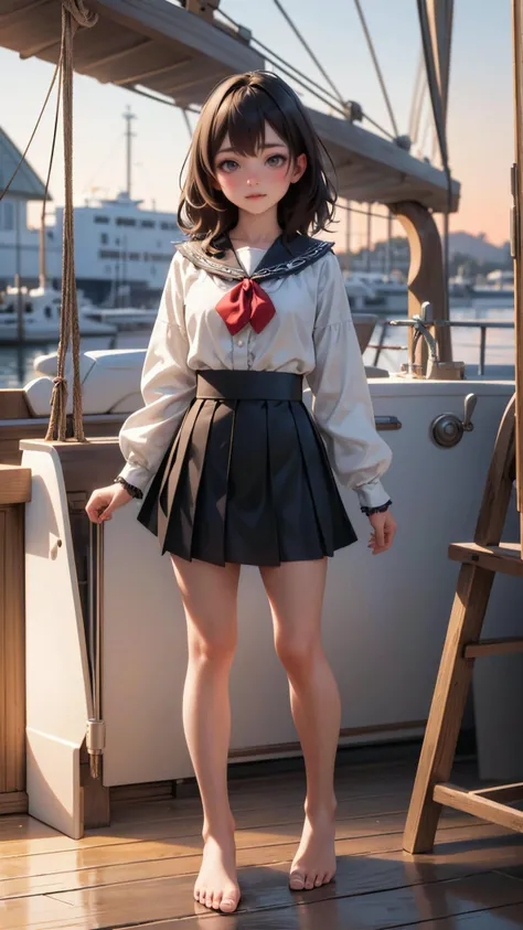 (ultra realistic,32k, masterpiece:1.2),(high detailed skin:1.1),( high quality:1.1),
intricate detail,
(detailed realistic background:1.3),
realistic lighting,
[cinematic lighting|sunset lighting],
hyperrealism,
soothing tones,
muted colors,
high contrast,
soft light,
sharp,
artistic photoshoot,
1girl, wearing a ruffle blouse , flare skirt and bare feet, standing on the deck of a sailboat,
