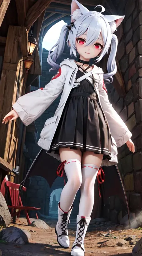 1girl, flat chest, shiny skin, short hair, white hair, ahoge, messy hair, payot, twintails, short twintails, animal ears, animal ear fluff, bat ears, bangs, hair between eyes, bat hair ornament, seductive smile, empty eyes, red eyes, glowing eyes, black dress, short dress, pleated skirt, hooded jacket, white jacket, open jacket, open clothes, white hood, hood down, long sleeves, wide sleeves, sleeves past wrists, sleeves past fingers, white thighhighs, zettai ryouiki, boots, white footwear, outdoors, cave, rock, stone, day, ground, opening, tunnel, pathway, crevice, underground, natural lighting, limestone, stalactite, stalagmite, cavern, urban, building, concrete, construction, machinery, scaffolding, development, advancement, civilization, architecture, infrastructure, <lora:mmd++++-000008:0.7>, masterpiece, best quality, official art, extremely detailed CG unity 8k wallpaper, artbook,