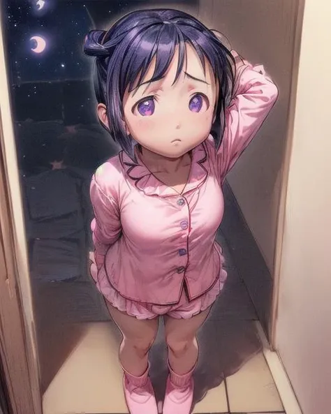 (scared to sleep alone:1.3),(front above view of maeharashinobu looking up standing with arms behind her back in an open house doorway at night:1.8),
(dark night sky with stars in background:1.8),
(arms stretched out:1.4),
(maeharashinobu, big breasts:1.6),
(masterpiece,best quality,ultra_detailed,highres,absurdres, dimly lit:1.2),
dimly lit, 1girl, solo,(noumi kudryavka:1.25),(view from above, pov from above:1.7),full body, (cute,lovely,beautiful,adorable,pitiful:1.5),
(wearing pajamas:1.6),
(wearing cute pink_dress pajamas,short skirt with frills),
(wearing pink socks:1.5),
(looking hopefully up at viewer, eye contact:1.5),
(sleepy,tired:1.7),
standing in doorway,
<lora:ScaredToSleepAlone:0.5> , <lora:Maehara_Shinobu:1>, <lora:add_detail:1>,