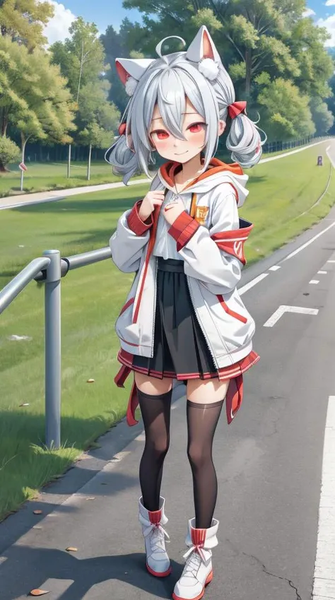 1girl, flat chest, shiny skin, short hair, white hair, ahoge, messy hair, payot, twintails, short twintails, animal ears, animal ear fluff, bat ears, bangs, hair between eyes, bat hair ornament, seductive smile, empty eyes, red eyes, glowing eyes, black dress, short dress, pleated skirt, hooded jacket, white jacket, open jacket, open clothes, white hood, hood down, long sleeves, wide sleeves, sleeves past wrists, sleeves past fingers, white thighhighs, zettai ryouiki, boots, white footwear, outdoors, day, sky, road, asphalt, pavement, cracks, weeds, plants, faded lines, signs, poles, rust, abandoned vehicles, overpass, crumbling, nature reclaims, trees grow through, sunlight, decay, debris, lonely highway, masterpiece, best quality, official art, extremely detailed CG unity 8k wallpaper, artbook,