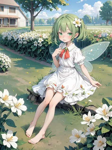 masterpiece,best quality,girl,tiny fairy,fairy wings,green hair, short hair,twintails,white dress,flower field,giant flowers,soft smile,barefoot,