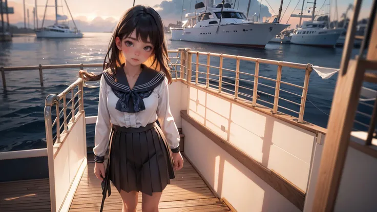 (ultra realistic,32k, masterpiece:1.2),(high detailed skin:1.1),( high quality:1.1),
intricate detail,
(detailed realistic background:1.3),
realistic lighting,
[cinematic lighting|sunset lighting],
hyperrealism,
soothing tones,
muted colors,
high contrast,
soft light,
sharp,
artistic photoshoot,
1girl, wearing a ruffle blouse , flare skirt and bare feet, standing on the deck of a sailboat,