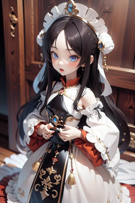 Black hair color、dragon background、gazing at viewer、Wearing a black dress、Pretty Woman、masutepiece、Best image、Gorgeous hairstyle、Red Eyes、Wearing a red aura、
