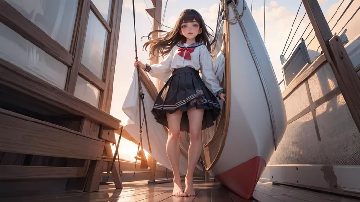 (ultra realistic,32k, masterpiece:1.2),(high detailed skin:1.1),( high quality:1.1),
intricate detail,
(detailed realistic background:1.3),
realistic lighting,
[cinematic lighting|sunset lighting],
hyperrealism,
soothing tones,
muted colors,
high contrast,
soft light,
sharp,
artistic photoshoot,
1girl, wearing a ruffle blouse , flare skirt and bare feet, standing on the deck of a sailboat,