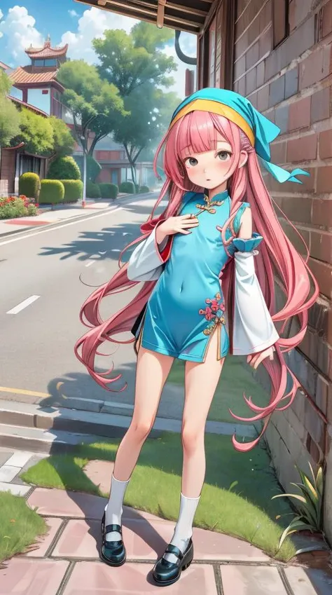 1girl, flat chest, shiny skin, parted bangs, very long hair, red hair, single sidelock, straight hair, forehead, black eyes, chinese clothes, blue clothing, long sleeves, frilled sleeves, wide sleeves, bottomless, china socks, white socks, cloth shoes, black footwear, headscarf, chinese style headscarf, peasant headscarf, blue headscarf, hospital, outdoors, day, sky, blue sky, building, ruins, overgrown, deteriorated, cracked, vegetation, tree, grass, pavement, road, city, equipment, machines, gurneys, windows, crumbling walls, floor tiles, plants growing inside, aging infrastructure, empty rooms, medical supplies, ivy, sunlight, signs, eroded, nature reclaimed the place, new york city, masterpiece, best quality, official art, extremely detailed CG unity 8k wallpaper, artbook,