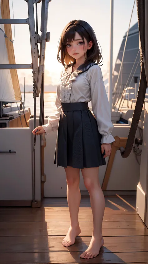 (ultra realistic,32k, masterpiece:1.2),(high detailed skin:1.1),( high quality:1.1),
intricate detail,
(detailed realistic background:1.3),
realistic lighting,
[cinematic lighting|sunset lighting],
hyperrealism,
soothing tones,
muted colors,
high contrast,
soft light,
sharp,
artistic photoshoot,
1girl, wearing a ruffle blouse , flare skirt and bare feet, standing on the deck of a sailboat,