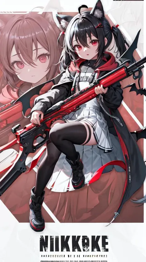 1girl, flat chest, shiny skin, short hair, black hair, ahoge, messy hair, payot, twintails, short twintails, animal ears, animal ear fluff, bat ears, bangs, hair between eyes, bat hair ornament, expressionless, empty eyes, red eyes, glowing eyes, white dress, short dress, pleated skirt, hooded jacket, black jacket, open jacket, open clothes, black hood, hood down, long sleeves, wide sleeves, sleeves past wrists, sleeves past fingers, black thighhighs, zettai ryouiki, boots, black footwear, <lora:NikkeProfile:1>, IncrsNikkeProfile, full body, zoom layer, holding weapon, holding gun, one knee, masterpiece, best quality, official art, extremely detailed CG unity 8k wallpaper, artbook, yuzu-soft, kobuichi, muririn,