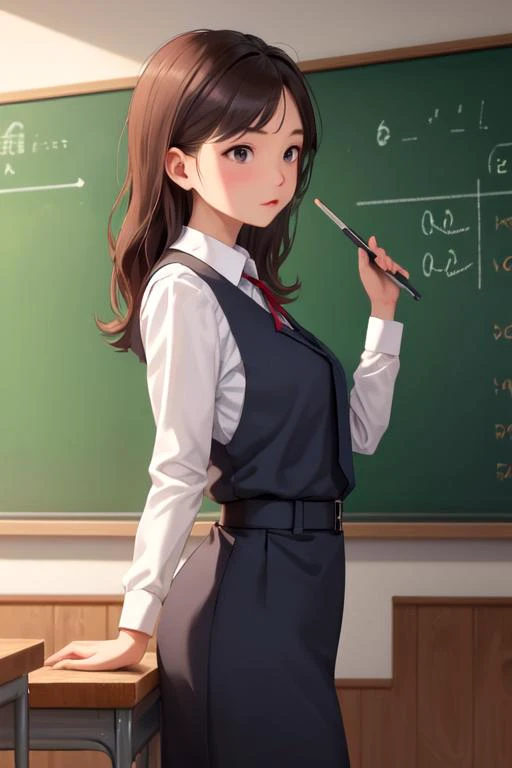 masterpiece, best quality, woman teacher stands at the blackboard and explains the lesson, looks to the blackboard,