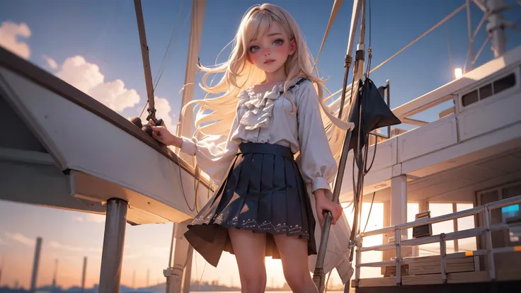 (ultra realistic,32k, masterpiece:1.2),(high detailed skin:1.1),( high quality:1.1),
intricate detail,
(detailed realistic background:1.3),
realistic lighting,
[cinematic lighting|sunset lighting],
hyperrealism,
soothing tones,
muted colors,
high contrast,
soft light,
sharp,
artistic photoshoot,
1girl, wearing a ruffle blouse , flare skirt and bare feet, standing on the deck of a sailboat,