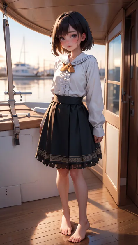 (ultra realistic,32k, masterpiece:1.2),(high detailed skin:1.1),( high quality:1.1),
intricate detail,
(detailed realistic background:1.3),
realistic lighting,
[cinematic lighting|sunset lighting],
hyperrealism,
soothing tones,
muted colors,
high contrast,
soft light,
sharp,
artistic photoshoot,
1girl, wearing a ruffle blouse , flare skirt and bare feet, standing on the deck of a sailboat,