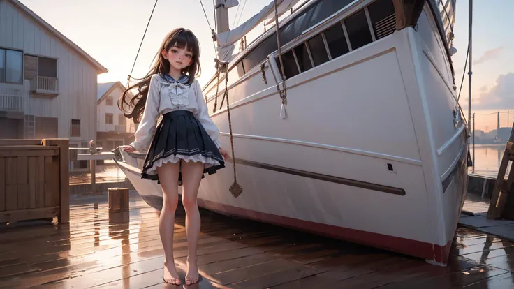 (ultra realistic,32k, masterpiece:1.2),(high detailed skin:1.1),( high quality:1.1),
intricate detail,
(detailed realistic background:1.3),
realistic lighting,
[cinematic lighting|sunset lighting],
hyperrealism,
soothing tones,
muted colors,
high contrast,
soft light,
sharp,
artistic photoshoot,
1girl, wearing a ruffle blouse , flare skirt and bare feet, standing on the deck of a sailboat,