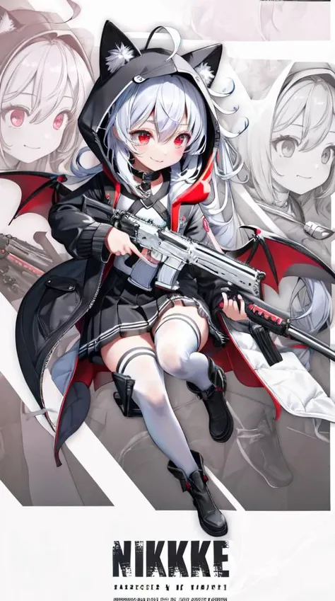 1girl, flat chest, shiny skin, short hair, white hair, ahoge, messy hair, payot, twintails, short twintails, animal ears, animal ear fluff, bat ears, bangs, hair between eyes, bat hair ornament, seductive smile, empty eyes, red eyes, glowing eyes, black dress, short dress, pleated skirt, hooded jacket, white jacket, open jacket, open clothes, white hood, hood down, long sleeves, wide sleeves, sleeves past wrists, sleeves past fingers, white thighhighs, zettai ryouiki, boots, white footwear, <lora:NikkeProfile:1>, IncrsNikkeProfile, full body, zoom layer, holding weapon, holding gun, one knee, masterpiece, best quality, official art, extremely detailed CG unity 8k wallpaper, artbook, yuzu-soft, kobuichi, muririn,