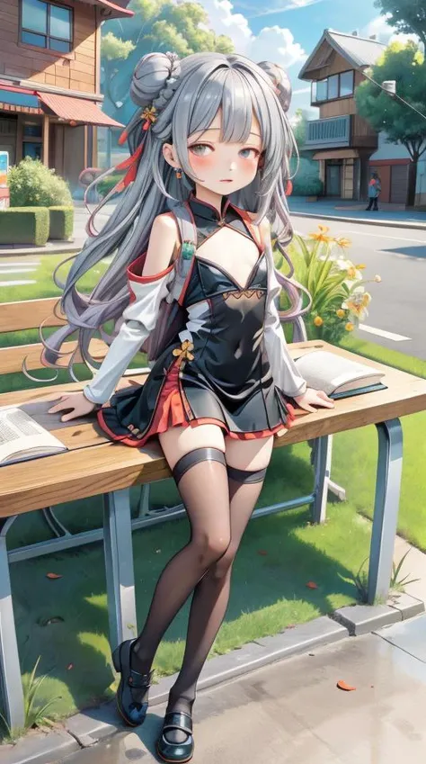 1girl, flat chest, shiny skin, robot girl, collar, black hair, long hair, bangs, hairpin, flower, almond-shaped eyes, empty eyes, black eyes, earrings, double bun, Chinese dress, hanfu, black dress, armored dress, armor, shoulder armor, leg armor, sidelocks, black thighhighs, zettai ryouiki, kung fu shoes, black footwear, school, outdoors, day, sky, blue sky, building, ruins, destroyed, overgrown vegetation, tree, grass, pavement, road, city, statue, cracked, erosion, reclaimed by nature, books, desk, benches, moss, ivy, sunlight, windows, crumbling walls, floor tiles, chalkboard, plants growing inside, aging infrastructure, signs of past human civilization, san francisco, masterpiece, best quality, official art, extremely detailed CG unity 8k wallpaper, artbook,