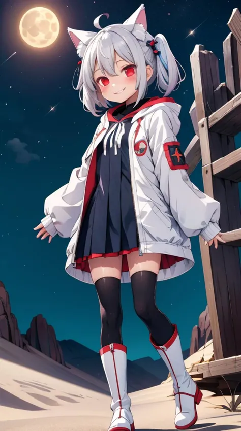 1girl, flat chest, shiny skin, short hair, white hair, ahoge, messy hair, payot, twintails, short twintails, animal ears, animal ear fluff, bat ears, bangs, hair between eyes, bat hair ornament, seductive smile, empty eyes, red eyes, glowing eyes, black dress, short dress, pleated skirt, hooded jacket, white jacket, open jacket, open clothes, white hood, hood down, long sleeves, wide sleeves, sleeves past wrists, sleeves past fingers, white thighhighs, zettai ryouiki, boots, white footwear, desert, night, sky, sand, dune, crescent moon, stars, night sky, nocturnal, sahara desert, masterpiece, best quality, official art, extremely detailed CG unity 8k wallpaper, artbook,