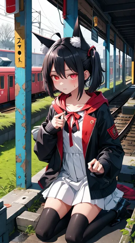 1girl, flat chest, shiny skin, short hair, black hair, ahoge, messy hair, payot, twintails, short twintails, animal ears, animal ear fluff, bat ears, bangs, hair between eyes, bat hair ornament, expressionless, empty eyes, red eyes, glowing eyes, white dress, short dress, pleated skirt, hooded jacket, black jacket, open jacket, open clothes, black hood, hood down, long sleeves, wide sleeves, sleeves past wrists, sleeves past fingers, black thighhighs, zettai ryouiki, boots, black footwear, abandoned train station, japan, overgrown, dilapidated, crumbling, vegetation, moss, broken windows, peeling paint, debris, graffiti, dark, eerie, ruins, urban exploration, masterpiece, best quality, official art, extremely detailed CG unity 8k wallpaper, artbook,