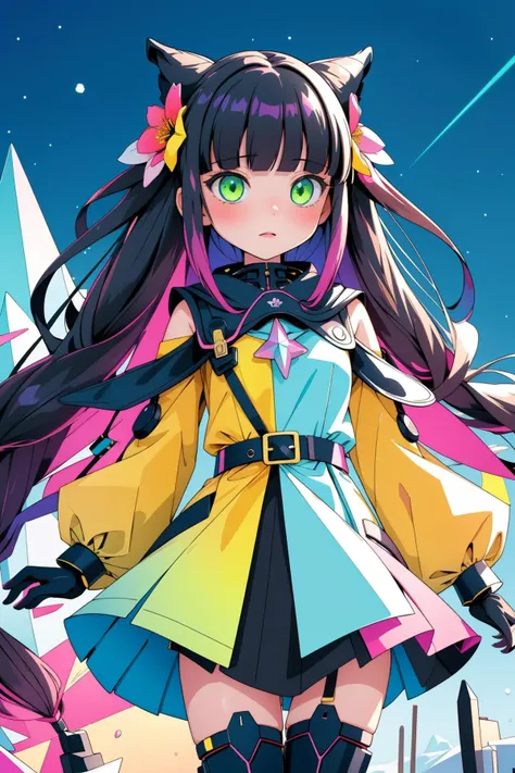 1girl, professional Drawing, dense nature with Flower, award winning, wide angle of a Robotic Fatigued Gradient and Colorful ("Dark Confidant":1.3) , Complex field in background, Snowing, split diopter, Rough sketch, Cosy, Crystal Cubism, cinematic lighting, Selective focus, psychedelic colors, Light sparkles, Lime green sky, professional, dslr