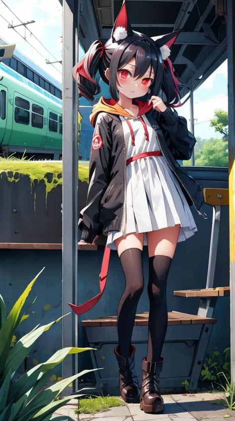 1girl, flat chest, shiny skin, short hair, black hair, ahoge, messy hair, payot, twintails, short twintails, animal ears, animal ear fluff, bat ears, bangs, hair between eyes, bat hair ornament, expressionless, empty eyes, red eyes, glowing eyes, white dress, short dress, pleated skirt, hooded jacket, black jacket, open jacket, open clothes, black hood, hood down, long sleeves, wide sleeves, sleeves past wrists, sleeves past fingers, black thighhighs, zettai ryouiki, boots, black footwear, abandoned train station, japan, overgrown, dilapidated, crumbling, vegetation, moss, broken windows, peeling paint, debris, graffiti, dark, eerie, ruins, urban exploration, masterpiece, best quality, official art, extremely detailed CG unity 8k wallpaper, artbook,