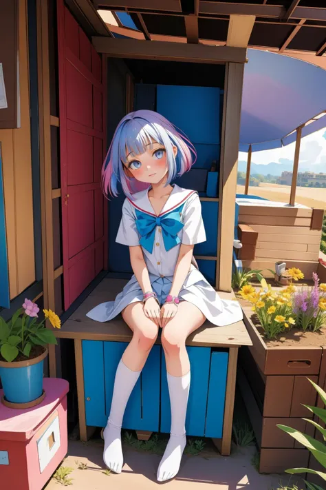 1girl, colorful Anime, Relieving, landscape of a Average Serene ([Tool shed|Gwalior Fort]:1.3) from inside of a Tbilisi, dense flower field with Jasmine, at Twilight, Vivid, Evil, Fairy-Tale, soft lighting, F/2.8, Ambrotype, icon style, raytraced reflections, ultra high res, lots of details, (fashion art stylized by Zoe Buckman:1.0) , emotional