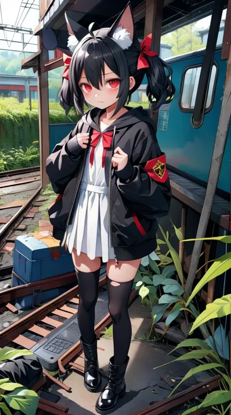1girl, flat chest, shiny skin, short hair, black hair, ahoge, messy hair, payot, twintails, short twintails, animal ears, animal ear fluff, bat ears, bangs, hair between eyes, bat hair ornament, expressionless, empty eyes, red eyes, glowing eyes, white dress, short dress, pleated skirt, hooded jacket, black jacket, open jacket, open clothes, black hood, hood down, long sleeves, wide sleeves, sleeves past wrists, sleeves past fingers, black thighhighs, zettai ryouiki, boots, black footwear, abandoned train station, japan, overgrown, dilapidated, crumbling, vegetation, moss, broken windows, peeling paint, debris, graffiti, dark, eerie, ruins, urban exploration, masterpiece, best quality, official art, extremely detailed CG unity 8k wallpaper, artbook,